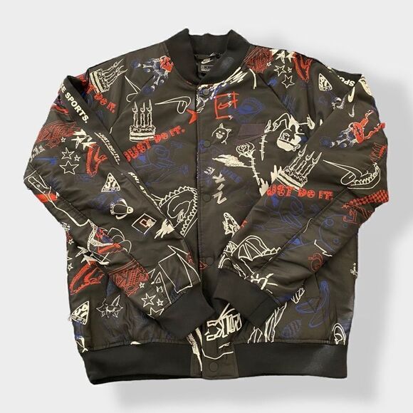 Nike Graffiti Print NSW Logo Full Zip Black Bomber Jacket Mens size Small New - Picture 1 of 12